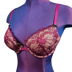 Betsey Johnson Forever Perfect Lace Push-Up Bra Fushia Size‎ 34D Women's